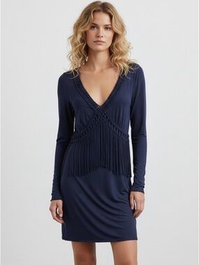 Wrap Long Sleeve Fringe Blue Western Wear Midi Bodycon Dress